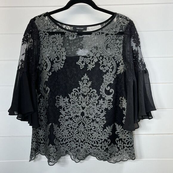 Karen Kane Blouse Womens Sz L Embroidered Semi Sheer Flutter Sleeve RomanticGoth - Picture 1 of 10
